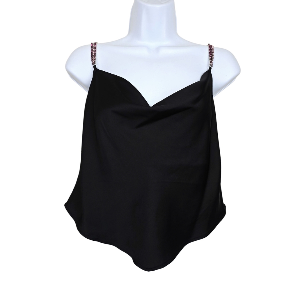Rachel Zoe Womens Pink Rhinestone Strap Black Satin Tank Top Size S NWT